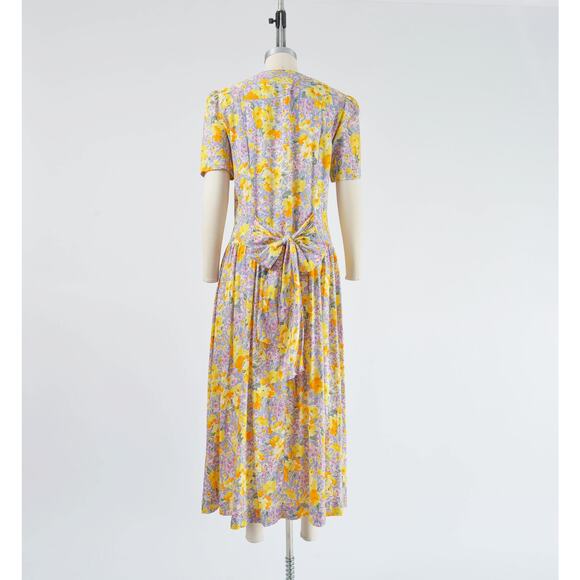 Vintage 90s Floral Button Front Puff Sleeve Drop Waist Maxi Dress with Pockets - Picture 6 of 9